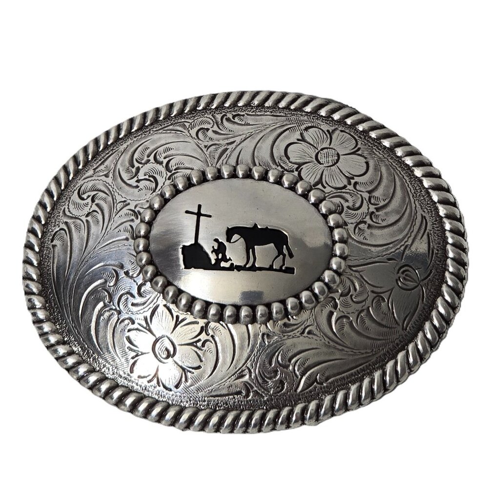 Nocona Belt Buckle Cowboy Horse Prayer Silver Tone Religious Rodeo Leather Belt